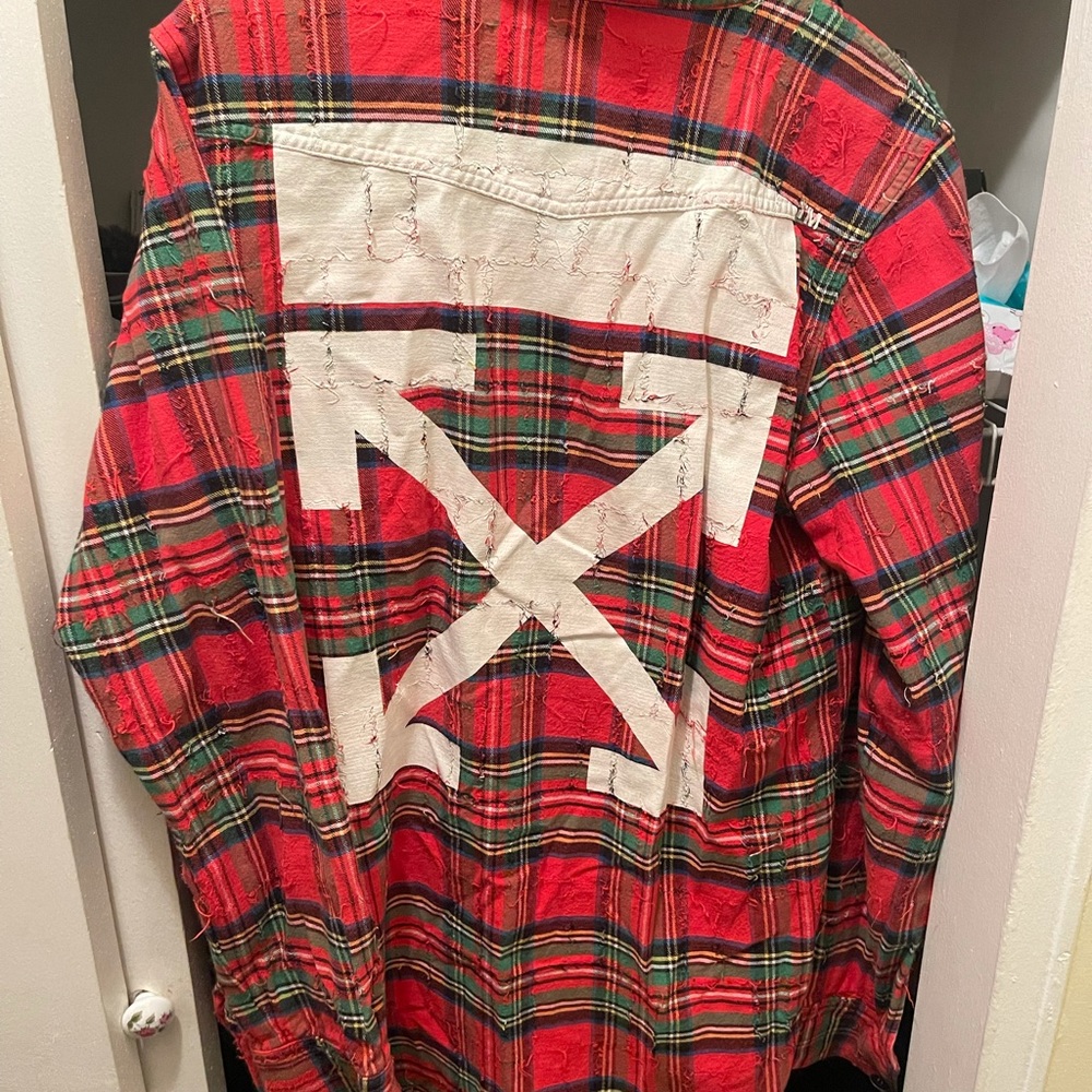 Off White Button Up Distressed Flannel Shirts Siz… - image 2